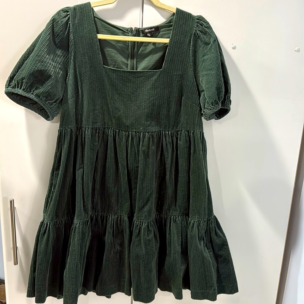 Madewell Green Corduroy Puff Sleeve Babydoll Dress